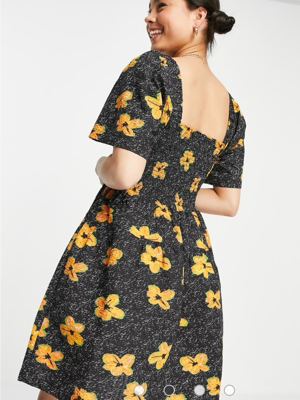 Smocked Black Casual Dress with Yellow Floral Print, sz4 - Picture 2 of 10